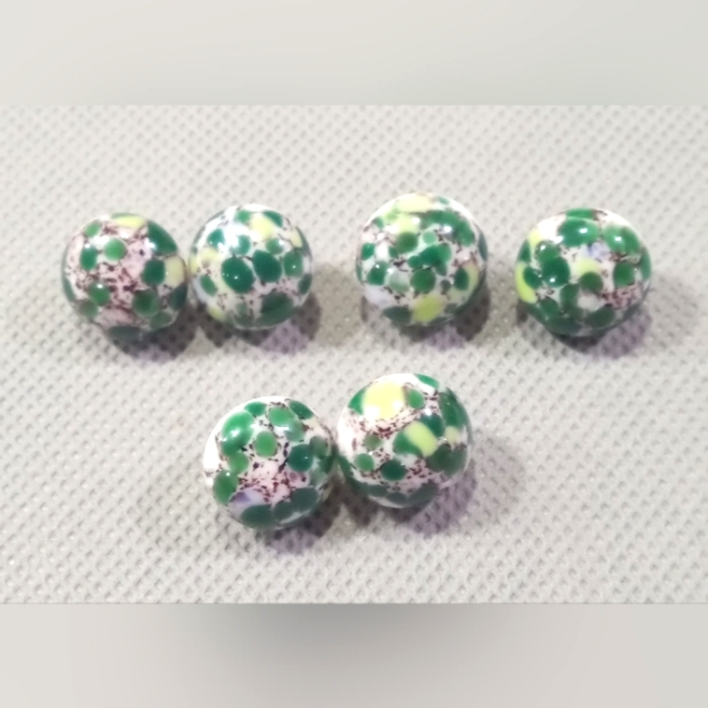 Vintage Green On White Domed Glass Button Set Of 6 Mottled Glue On Metal Shank